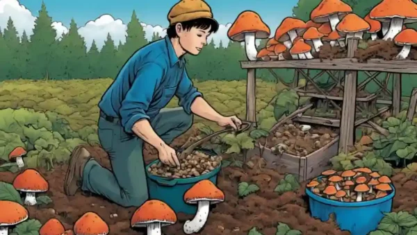 Una persona que cosecha hongos de una planta de cultivo casera en casa.