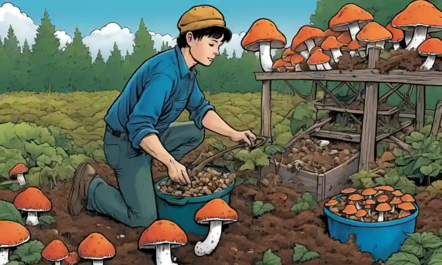 Una persona que cosecha hongos de una planta de cultivo casera en casa.