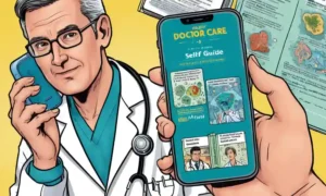Un médico que tiene un teléfono junto a una guía de autocuidado para el tratamiento de infecciones fúngicas.