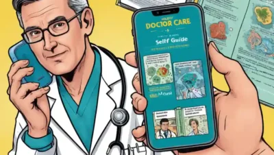 Un médico que tiene un teléfono junto a una guía de autocuidado para el tratamiento de infecciones fúngicas.