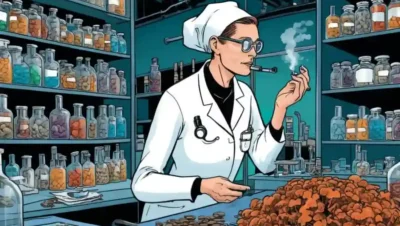 El científico mezcla hongos medicinales con pastillas en un entorno de laboratorio.