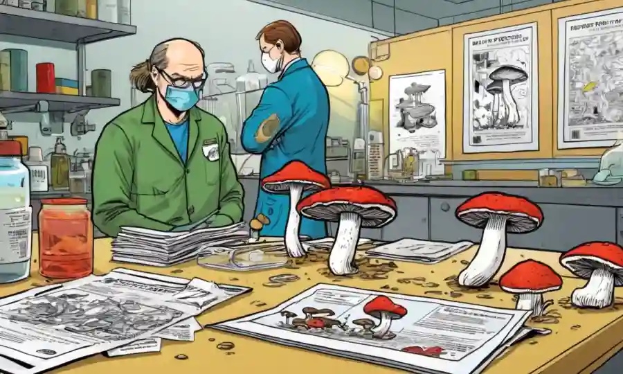 Documentos científicos de investigación y hongos en una mesa de laboratorio en medio de cinta advertida.