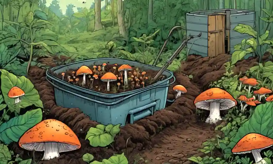 Gráfico con ilustraciones de hongos rodeados de plantas verdes exuberantes y suelo con equipos de composición.