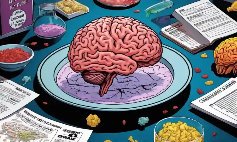 Un plato de tejido cerebral comestible con diagramas científicos y señales de precaución alrededor de él.