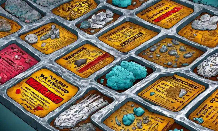 Imagen microscopio de moldes comestibles con señales de advertencia y etiquetas cautelares.