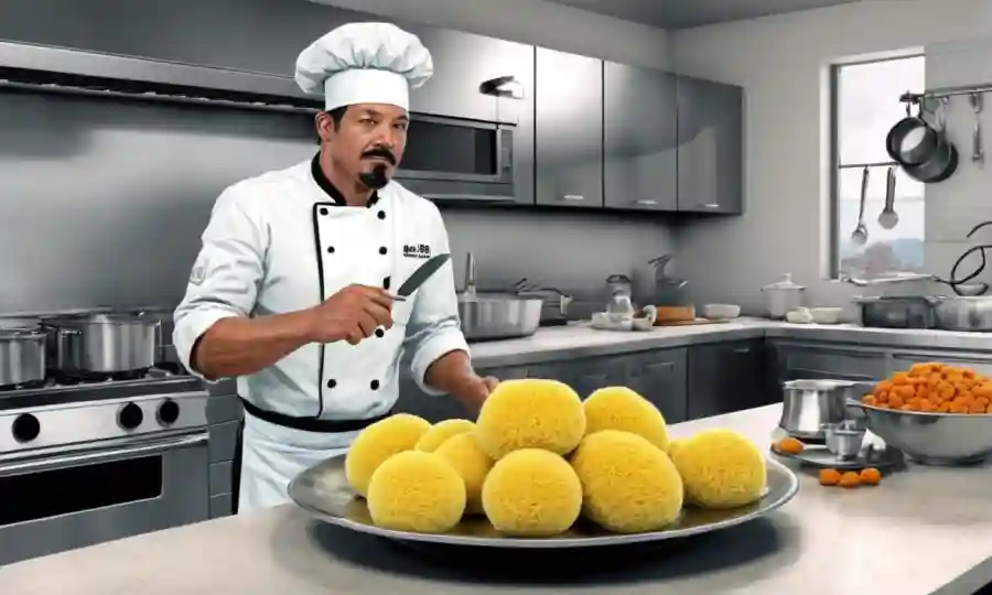 Un chef con esponjas marinas comestibles en una cocina.