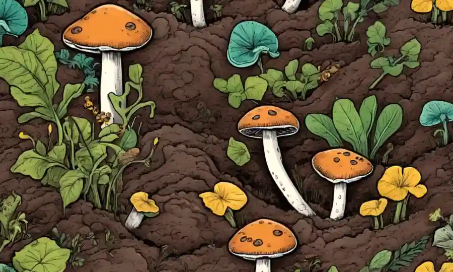Ilustración de hongos y plantas en suelo con flechas que los conectan.