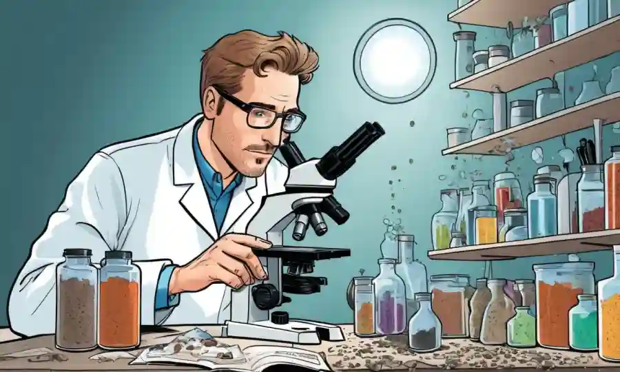 Científico que estudia ecología del suelo con microscopio y muestras de laboratorio.