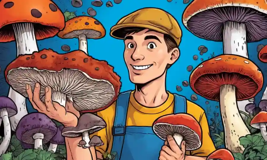 Una persona que tiene varios tipos de gorros comestibles de hongos en un fondo colorido.