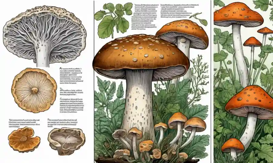 Ilustraciones científicas y diagramas que muestran las propiedades nutricionales de la esclerocia de hongos comestibles.