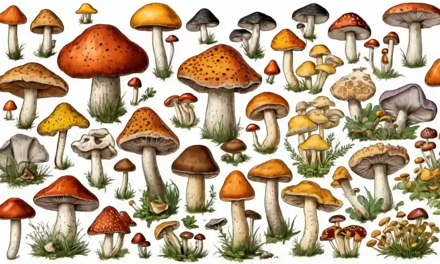 Imágenes de hongos comestibles con etiquetas destacando diferentes especies.