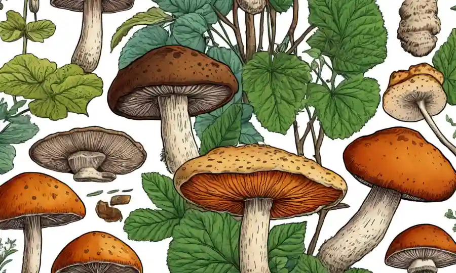 Una ilustración de varios hongos medicinales con propiedades curativas.