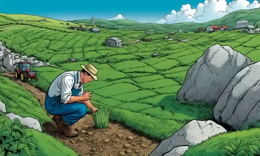 Un agricultor que examina el crecimiento de cultivos en medio de afloramientos rocosos en un paisaje de granja verde.