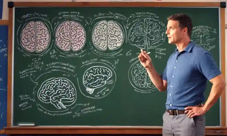 Un maestro de pie delante de una pizarra con ilustraciones y diagramas, destacando la importancia de las escleros cerebrales.