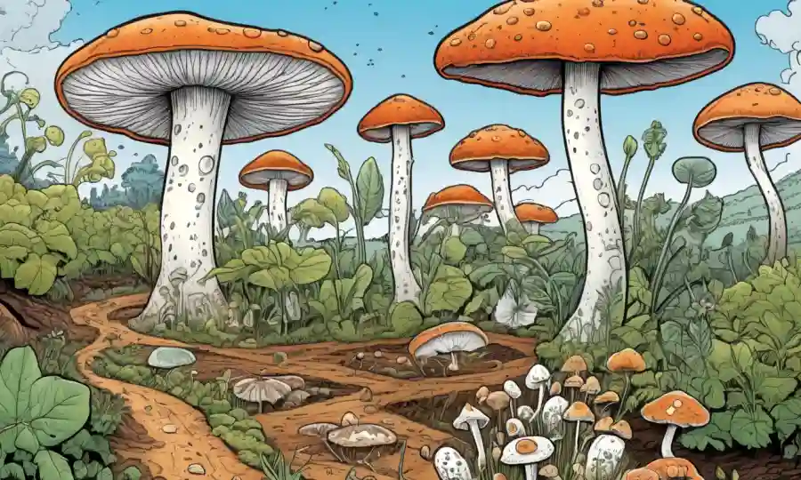 La ilustración científica que representa hongos con funciones agrícolas y ecológicas explicada a través de conceptos de biología molecular.