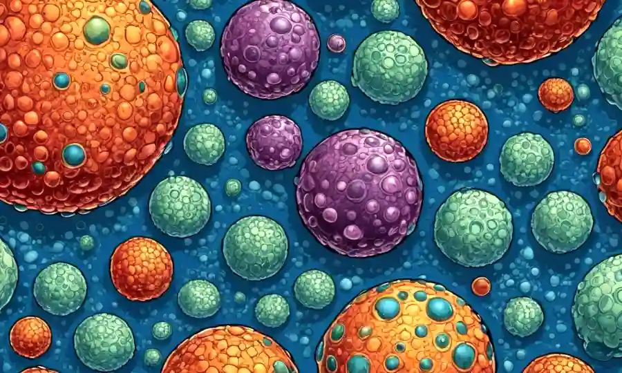 Imagen microscópica de células que contienen estructuras esféricas con conceptos biomédicos que la rodean.