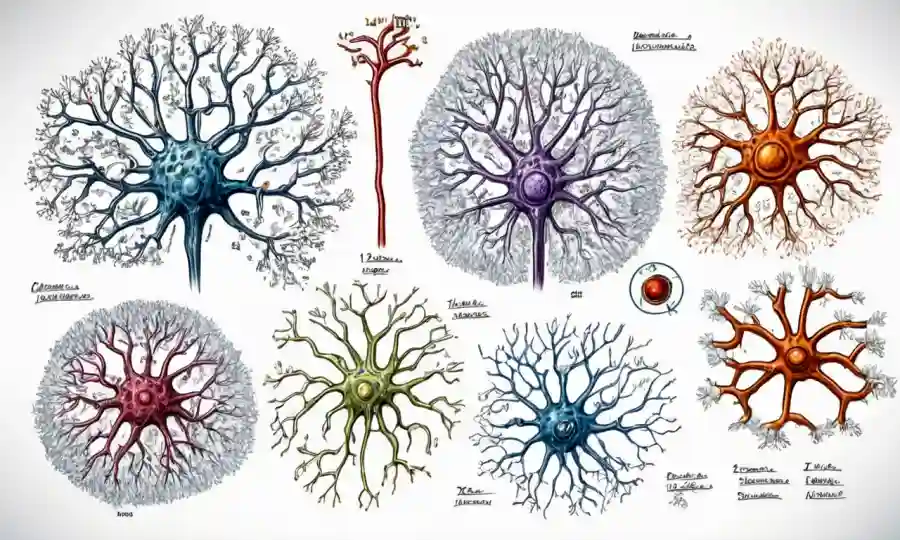 Ilustraciones científicas de células cerebrales y estructuras moleculares en una pizarra.