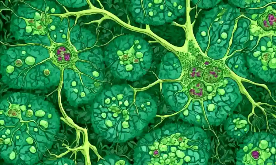 Imagen microscopio de células con lesiones escleroicas rodeadas de vegetación.