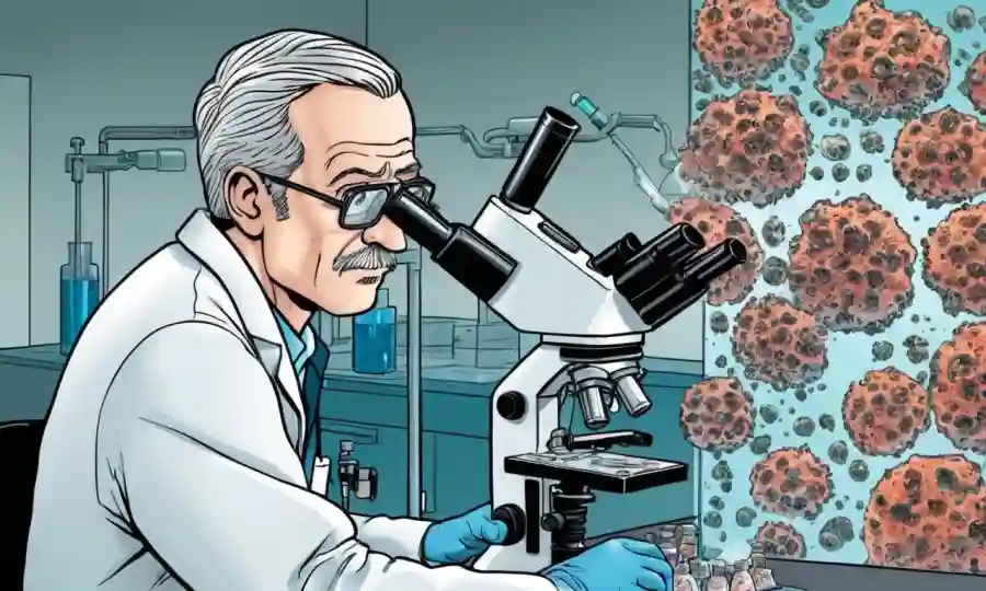 Científico estudiando muestras de esclerocia fúngica en un microscopio de laboratorio.