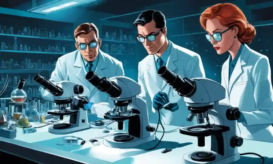 Científicos que examinan muestras bajo microscopios en un laboratorio futurista.