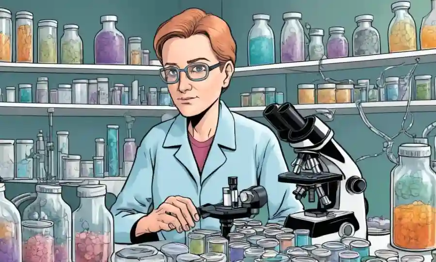 Un biólogo de pie por un microscopio, rodeado de platos petri llenos de muestras de esclerosis.