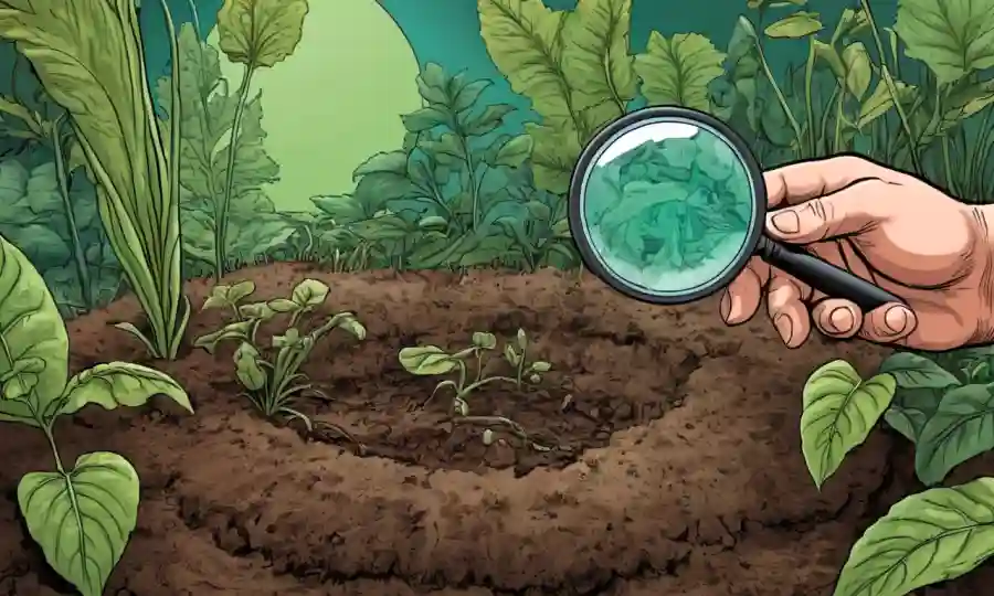 Una persona que sostiene una lupa sobre el crecimiento fúngico en el suelo, con plantas y vegetación alrededor.