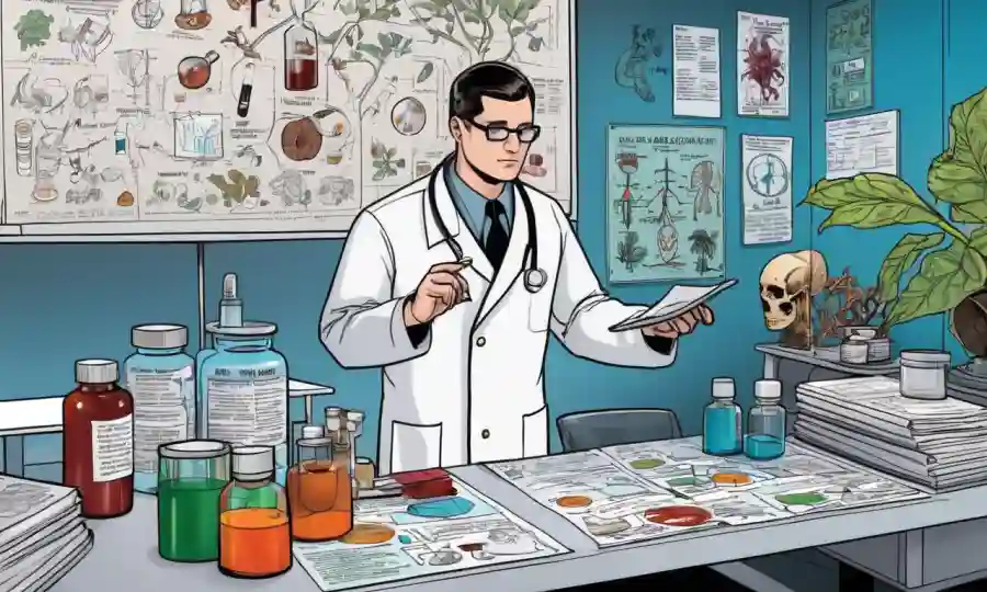 Gráficos de investigación y diagramas mostrados en una tabla de laboratorio médico en un contexto de símbolos de medicina alternativa.