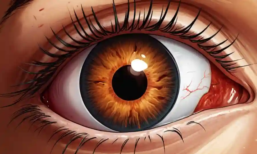 Cierre de un ojo humano mostrando un tumor o lesión esclerótica.