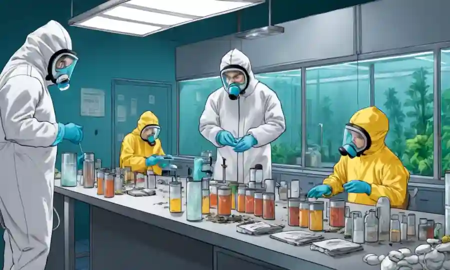 Escena de laboratorio de cultivo de hongos con científicos en trajes de novato analizando muestras.
