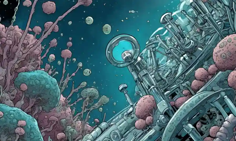 Un microscopio que muestra células fúngicas en medio de equipos de ciencia futurista.