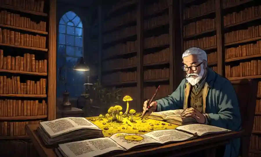 Estudiante de setas estudiando antiguas ilustraciones de moldes de limosna en una biblioteca diminuta.