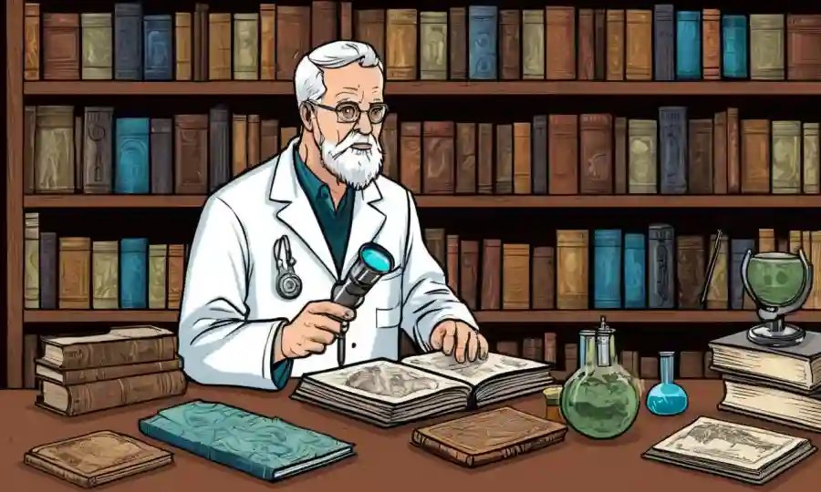 El microscopio científico sostiene diapositivas junto a libros antiguos y platos Petri.
