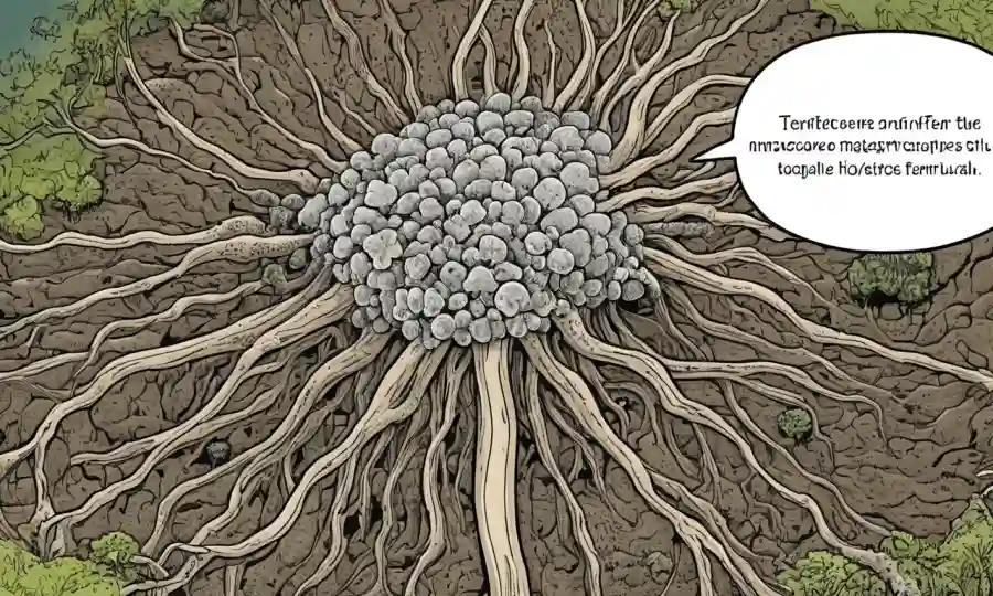 Imagen microscópica de hifas fúngicas de suelo con sobreposición de texto sobre importancia y función ecológica.