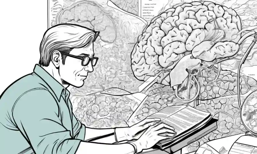Un investigador que estudia lesiones cerebrales con notas e ilustraciones.
