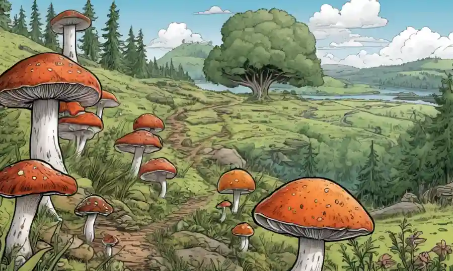 Ilustraciones esquemáticas de hongos junto a imágenes de paisajes naturales.