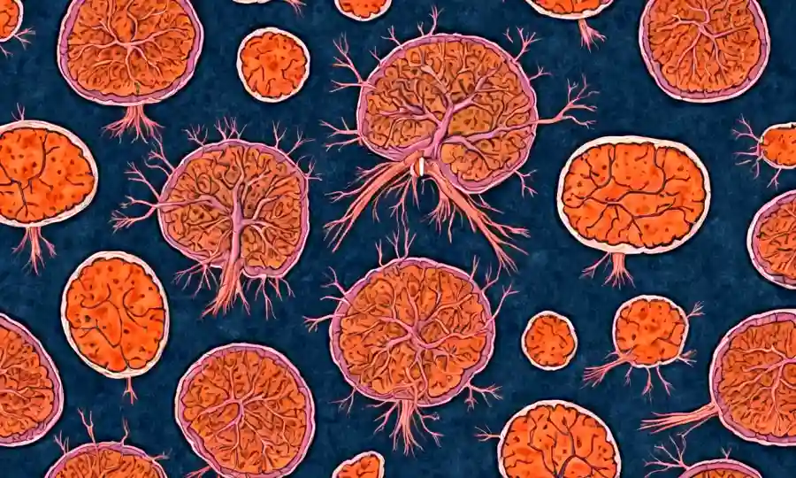 Imagen de células cerebrales con placas y diagramas amiloides que ilustran la formación de la escloreosis.