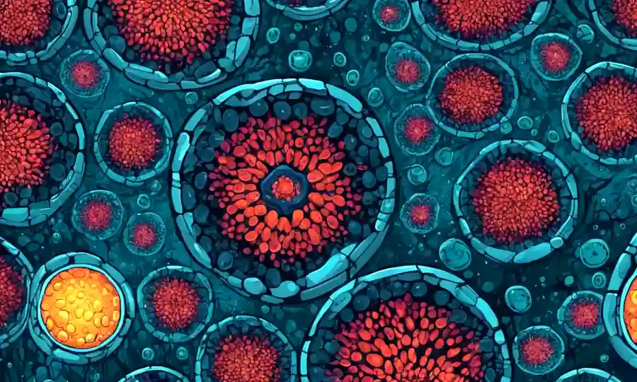 Imágenes microscópicas de células o organismos que forman estructuras en un fondo futurista.