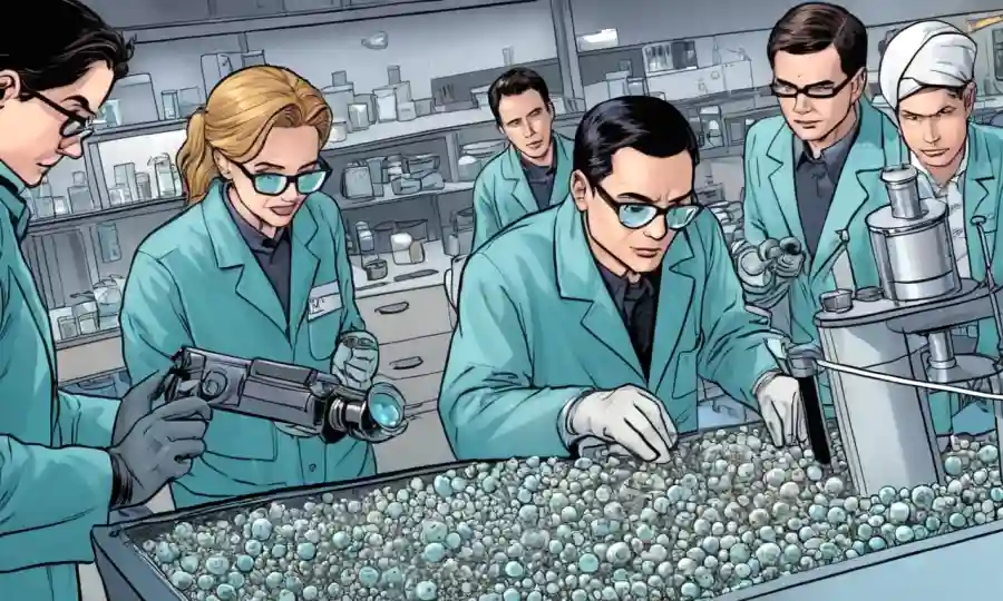 Investigadores que examinan imágenes microscópicas de microsféricos en un entorno de laboratorio.
