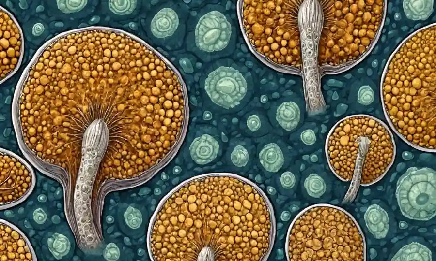 Cierre microscópico de células fúngicas rodeadas de rígidas cáscaras protectoras. (Traducción: La imagen debe ser una vista microscópica de células fúngicas con esclerocefala resistente, mostrando sus características y ejemplos clave.)