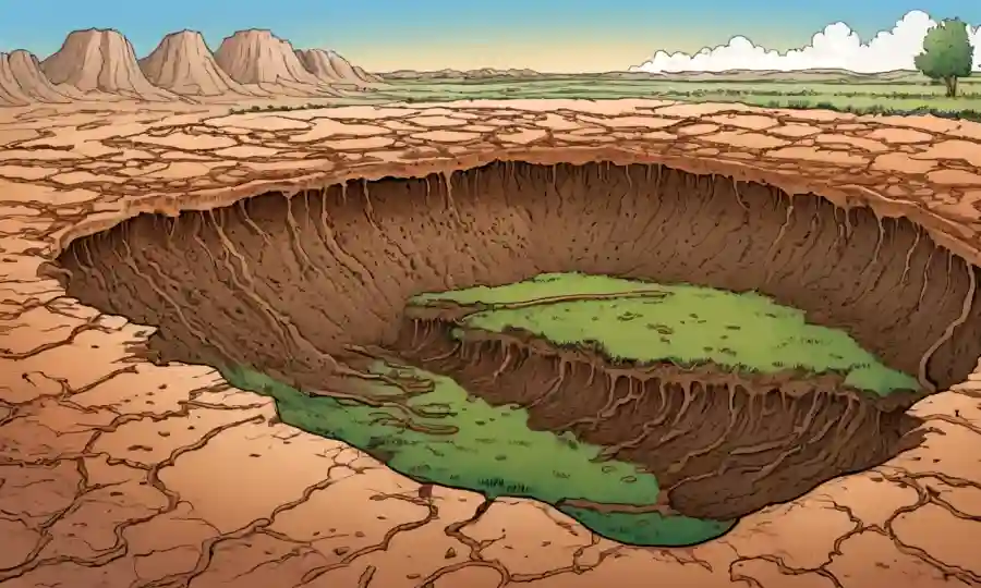 Ilustración de la erosión del suelo con un paisaje ecológico afectado por la esclerosis en el fondo.