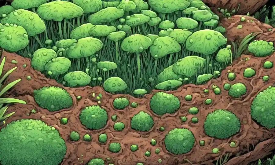 Imagen microscopio de estructuras fúngicas en suelo con vegetación verde.