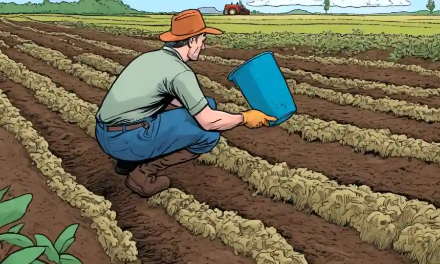 Agricultor inspecciona el suelo con hongos beneficiosos en campos.