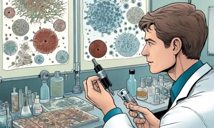 Un biólogo que examina las diapositivas del microscopio