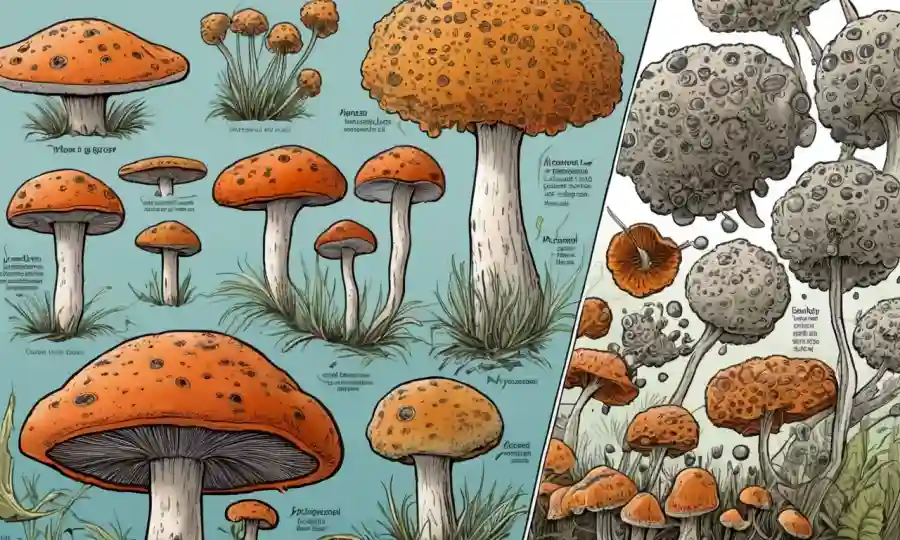 Una ilustración que compara la morfología de las esporas fúngicas con explicaciones de sus diferencias.