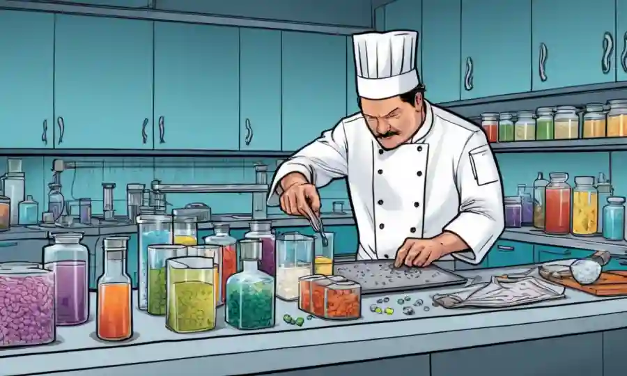 Un chef que mide elementos microscópicos en un mostrador de laboratorio.