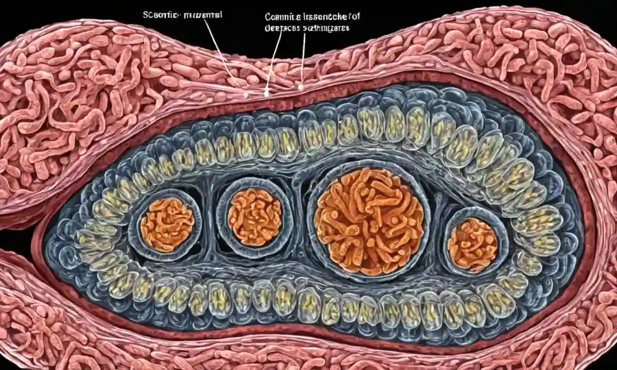 Imagen microscopio que muestra la estructura microscópica de larvas escleroeci con etiquetas nutricionales.