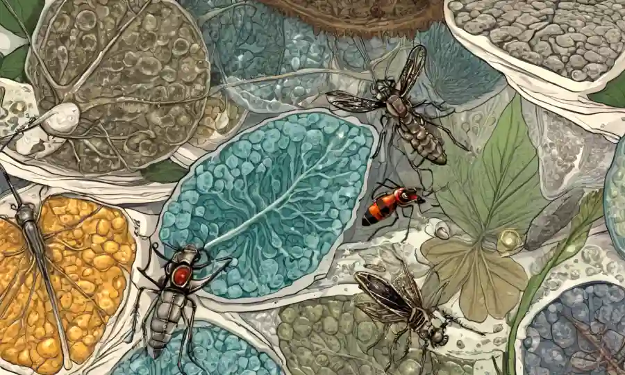 Investigadores que examinan diapositivas de microscopio mostrando estructuras fúngicas e interacciones de insectos.