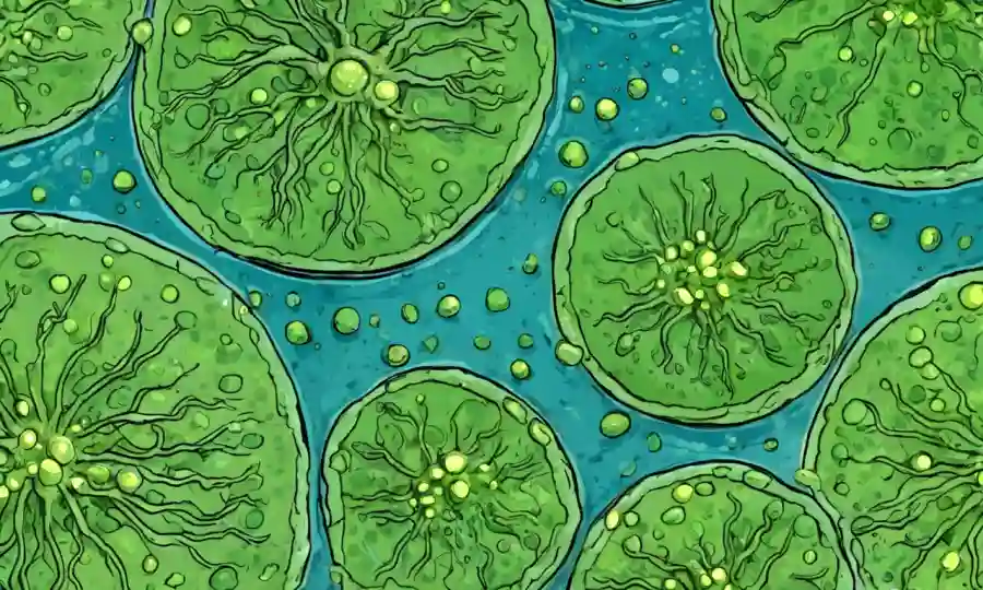 Una imagen microscópica de células de algas rodeada de nutrientes en un ecosistema de estanques.