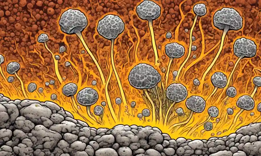 Imagen microscópica de estructuras fúngicas rodeadas de sustrato rico en nutrientes, destacando el papel de la esclerocia en el ciclismo de nutrientes.