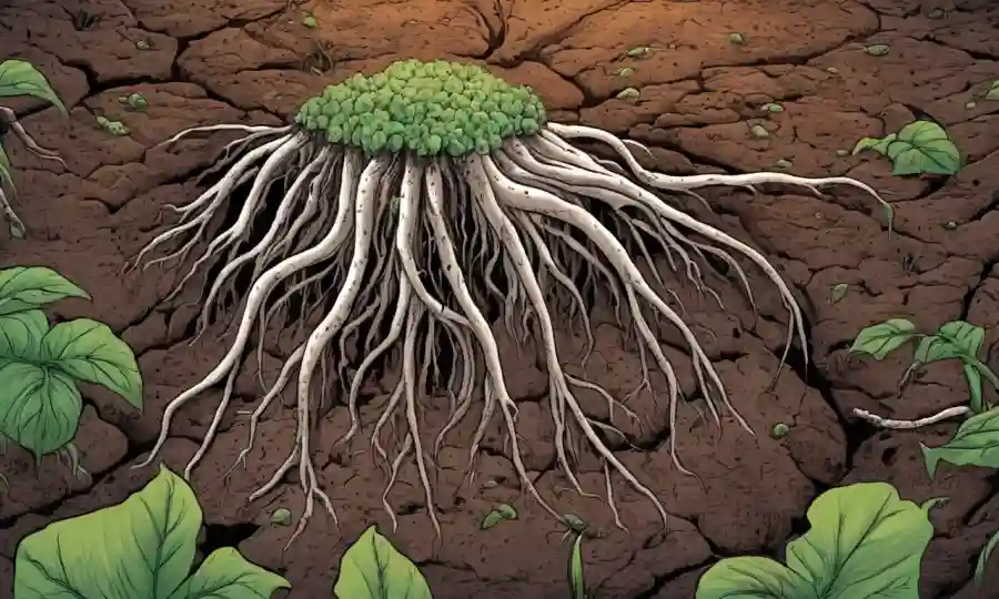 Ilustración científica de la esclerocia fúngica entre raíces vegetales y nutrientes.